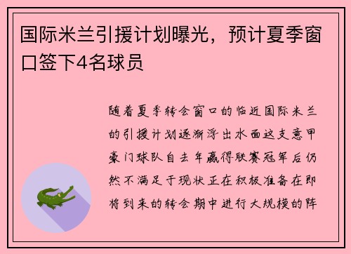 国际米兰引援计划曝光，预计夏季窗口签下4名球员