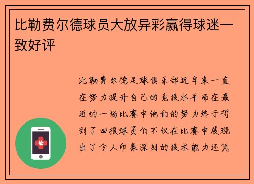 比勒费尔德球员大放异彩赢得球迷一致好评